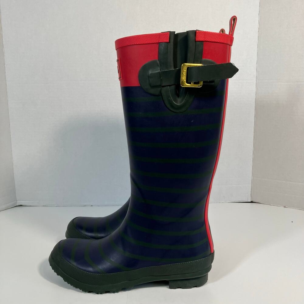 Joules Sz 7 Tall Welly Print Rain Boots Navy & Green Stripe Gold Buckle